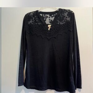 Faded Glory Black Lace Embellished Long Sleeve Blouse